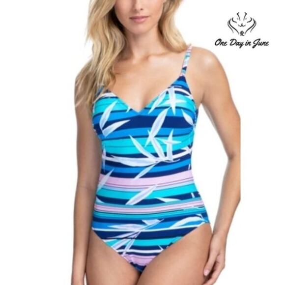 Gottex Palm Beach Blue V-Neck One Piece Swimsuit Size 10 - Picture 1 of 4